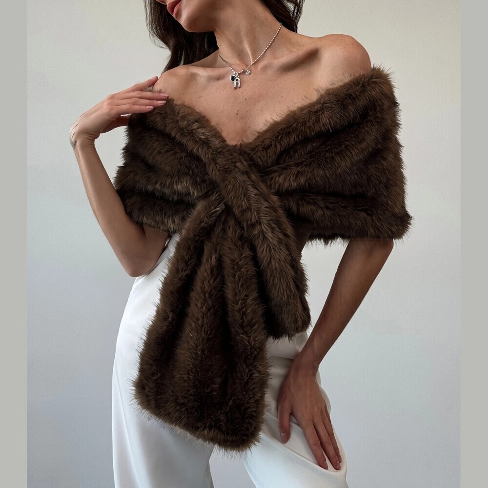 Brown Faux Fur Twist Front Cropped Wrap Shrug, One-Sided